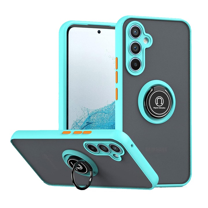 Кейс Съвместим със Samsung Galaxy A35 5G, Antisoc Armor, въртящ се на 360 градуса пръстен, Вграден опорен магнит за кола, Светло син