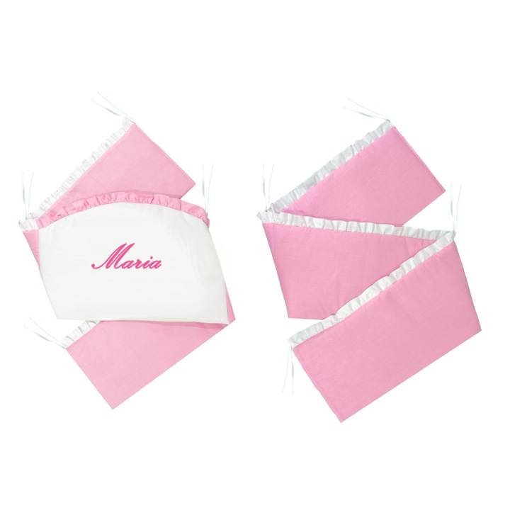 Rózsaszín oldalvédő készlet 120 x 60 cm kiságyhoz fehér fodrokkal, névreszóló