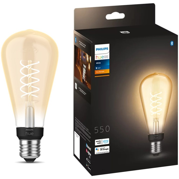 Смарт LED крушка vintage (декоративна) Philips Hue ST72, Bluetooth, Zigbee, filament, E27, 7W, 550 lm, Топла бяла светлина (2100K), Енергиен клас G