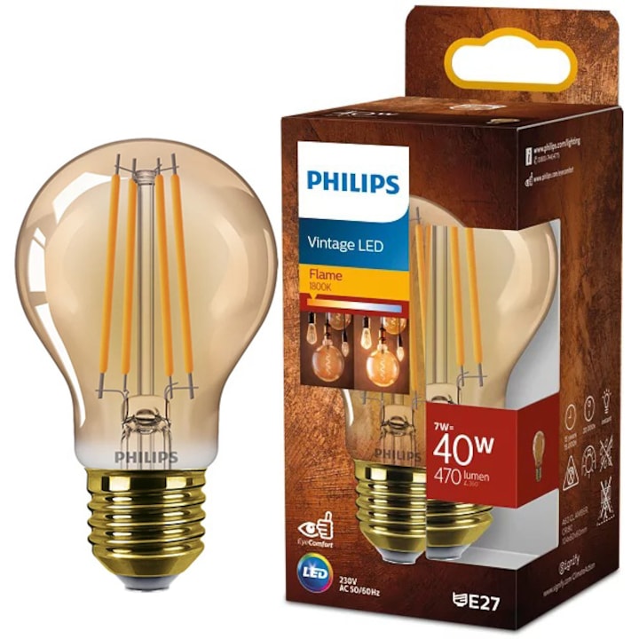 Крушка LED (декоративна) Philips A60, Винтидж, Пламък, Кехлибар, E27, 7W (40W), 470 лумена, Топла бяла светлина (1800K)