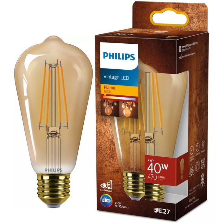 Крушка LED (декоративна) Philips ST65, Винтидж, Пламък, Кехлибар, E27, 7W (40W), 470 лумена, Топла бяла светлина (1800K)