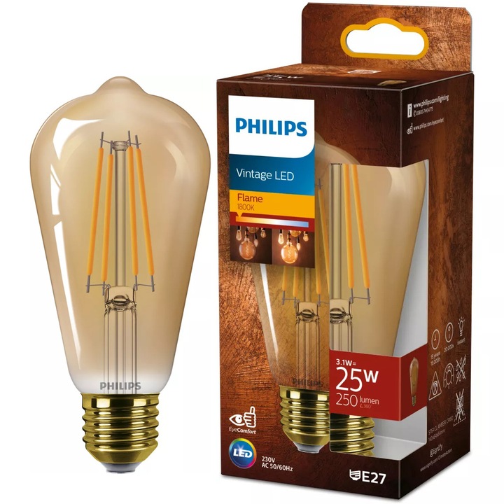 Bec LED vintage (decorativ) Philips ST64, flacara, chihlimbar, E27, 3.1W (25W), 250 lm, lumina alba calda (1800K)