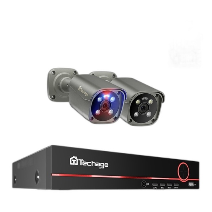 Система за наблюдение, Techage, 4K, 8MP, H.265, разпознаване на лица, NVR, 8CH, 2 камери