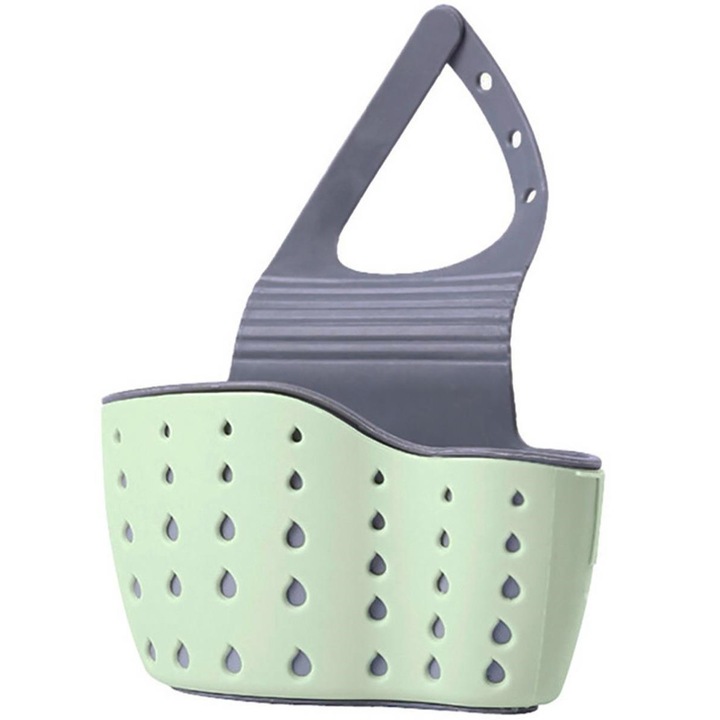 Suport organizator bucatarie pentru chiuveta, Tecos, Silicon, 24x5x15 cm, agatatoare reglabila, culoare verde-gri
