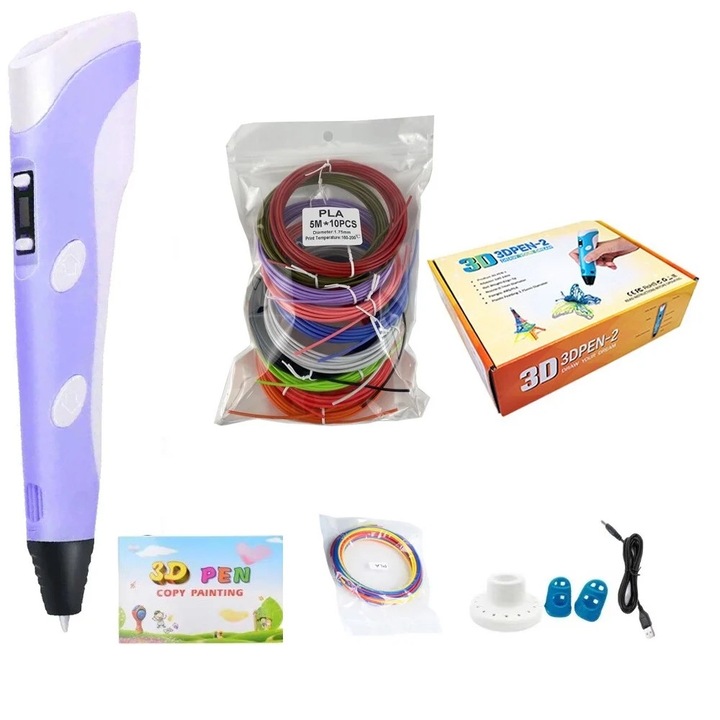 3D ceruza LCD kijelzővel, 50m-es izzószál mellékelve, Ujjvédelem + Modellkönyv, Lila