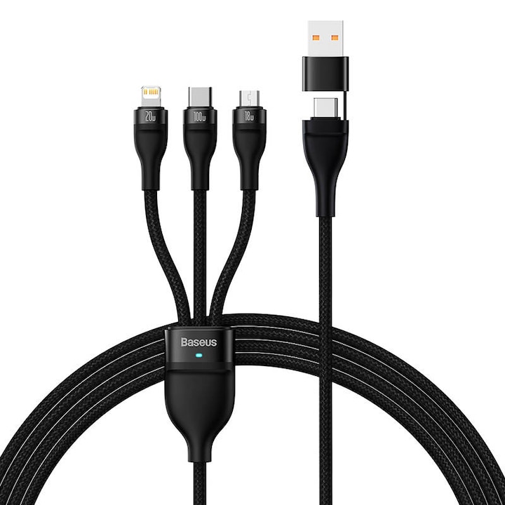 Baseus Flash Series 2, 3 az 1-ben USB kábel, USB-C / Micro USB / Lightning, 100W, 1.2m, Fekete