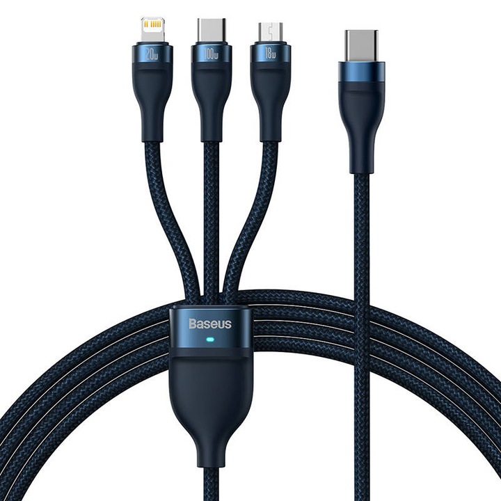 Baseus Flash Series 2, 3 az 1-ben USB kábel, USB-C / micro USB / Lightning, 100W, 1.5m, Kék