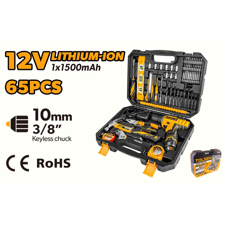 Set 65 unelte TOLSEN cu masina de gaurit fara fir 12V Li-Ion, 1 baterie 1500mAh, incarcator 100-240V, burghie, biti, chei tubulare, ciocan, cleste, banda masurare, trusa completa pentru casa si atelier, Crom vanadiu, trusa BMC rezistenta
