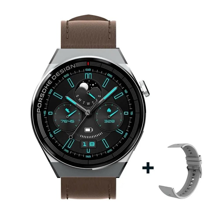 Smartwatch Premium Apeluri Vocale Bluetooth, ecran rotund AMOLED 1.39inch, IP67, NFC, mesaje push, control notificari, incarcare magnetica wireless, SPO2, monitorizare puls, calitate somn, music player, selfie control camera, voice assistant, gri maro