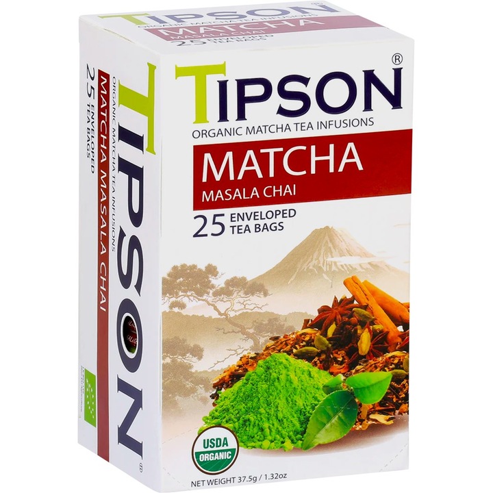 Ceai Matcha organic Masala Chai cu ceai verde si mirodenii exotice, fara aditivi, fara coloranti, 25plicuri x 1.5g, Tipson Tea