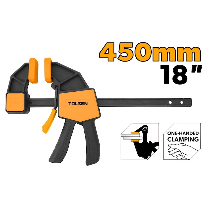 Menghina presa TOLSEN 450 mm (18”), prindere rapida, corp nailon armat, bara otel calit, forta de strangere 600N (135 lbs), capac TPR, declansator sigur si confortabil, ideala pentru tamplarie, tampoane moi nemarcare, bara rezistenta si durabila