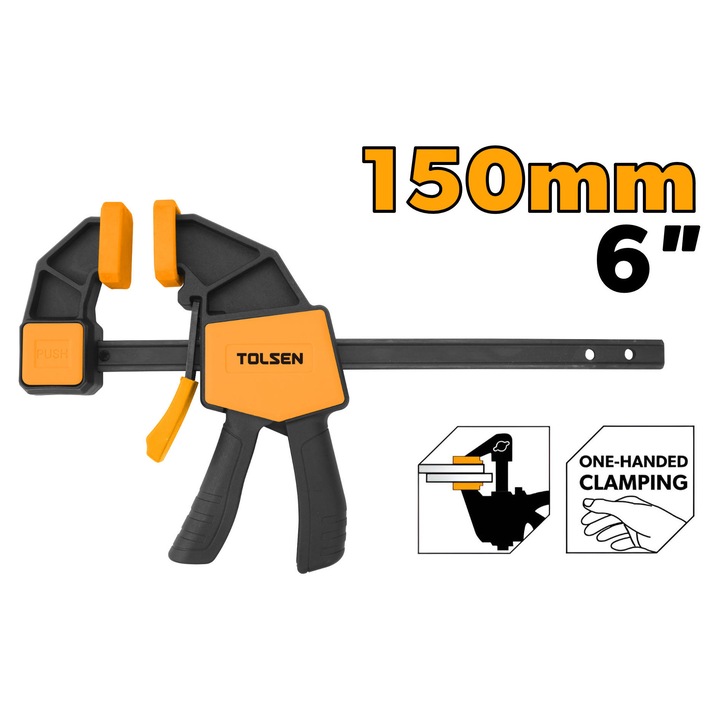 Menghina presa TOLSEN 150 mm (6”), prindere rapida, corp nailon armat, bara otel tratat termic, forta de strangere 600N (135 lbs), capac TPR, declansator sigur si confortabil, ideala pentru tamplarie, tampoane moi nemarcare, bara durabila