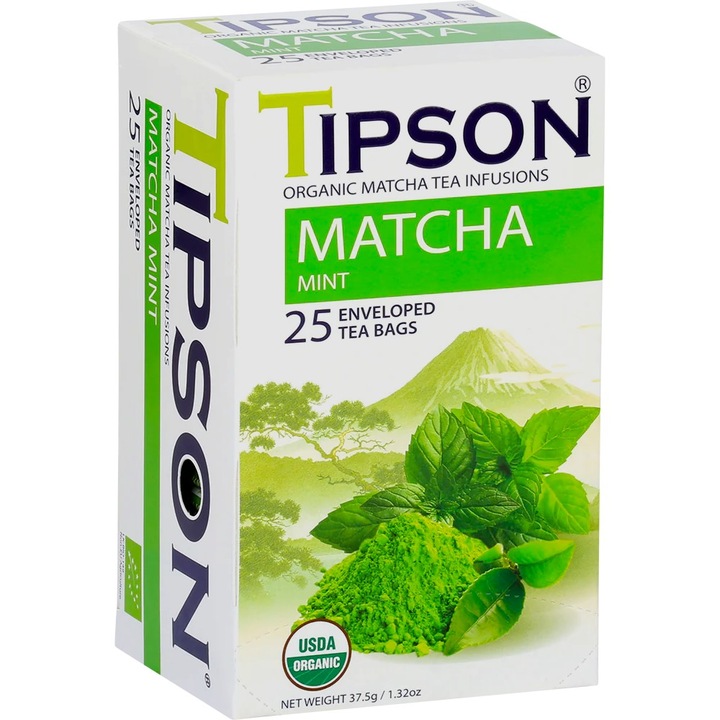 Ceai Matcha organic Mint cu ceai verde si frunze de menta, fara aditivi, fara coloranti, 25plicuri x 1.5g, Tipson Tea