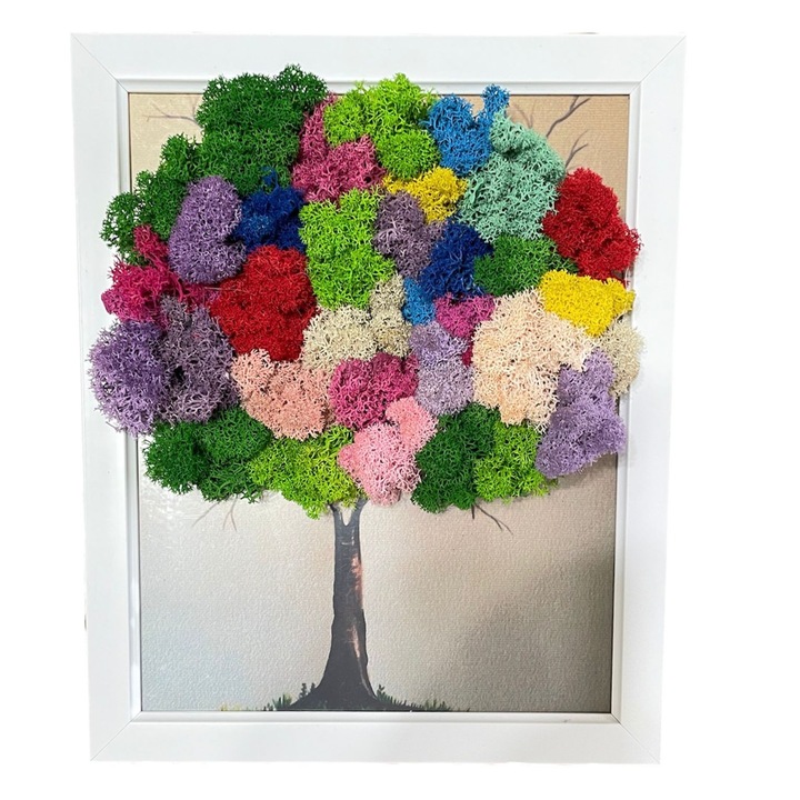 Tablou decorat cu licheni naturali stabilizati, culoare multicolor, dimensiune 25x20 rama gri