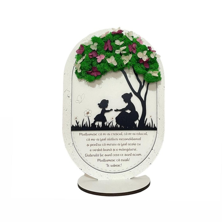 Tablou decorat cu licheni naturali stabilizati si flori, gravat cu mesaj pentru mama/bunica, culoare multicolor, dimensiune 30x20