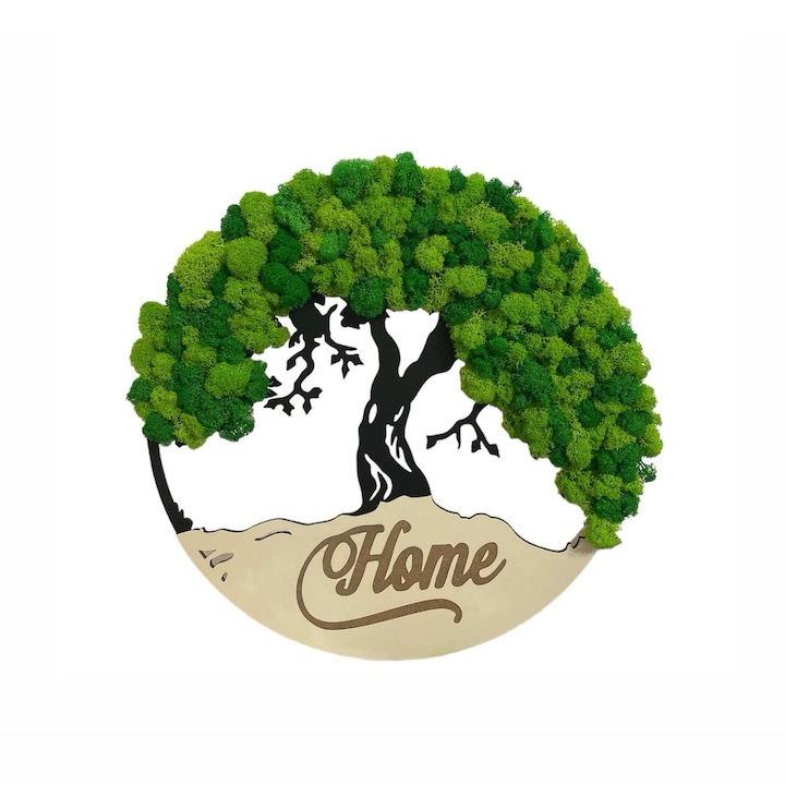 Tablou copacul vietii decorat cu licheni naturali stabilizati, Home, culoare verde inchis/verde deschis, diametru 40 cm, rama neagra