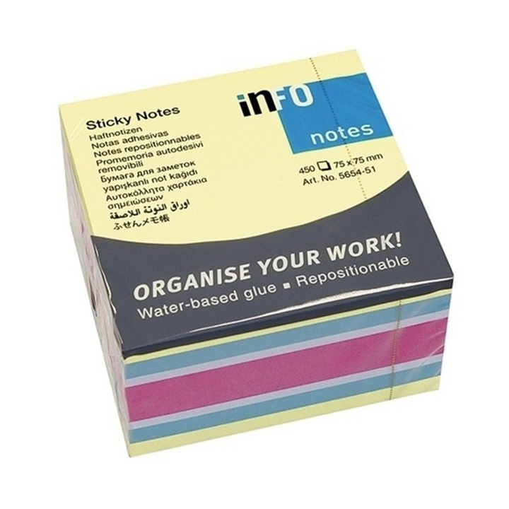 Blocnotes autoadeziv, 75x75mm, 450 coli, Info Notes galben neon, albastru, roz