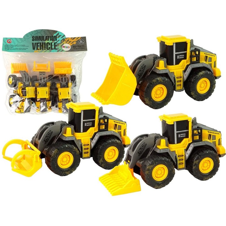 Set 3 vehicule de constructie de jucarie, Leantoys, 3 ani+, Galben/Negru
