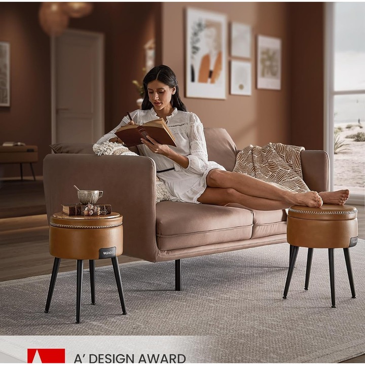 Sámli tárolóhellyel, Ø 32 cm, ökológiai bőr, karamell, Vasagle