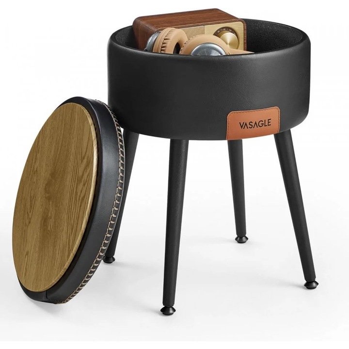 Sámli tárolóhellyel, Ø 32 cm, ökológiai bőr, fekete, Vasagle