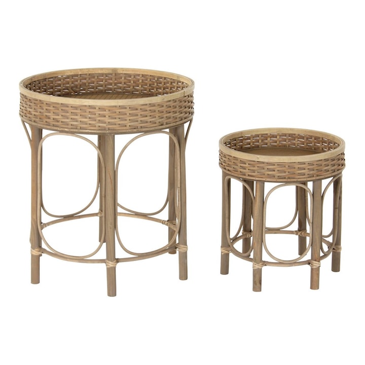 Комплект от 2 помощни масички, DKD Home Decor, ратан, кафяво