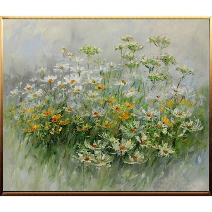 Tablou pictat manual ulei pe panza, tehnica texturata in cutit, Verde, Vernil, Somon, 110x60cm, Peisaj cu Flori de camp, Abstract modern