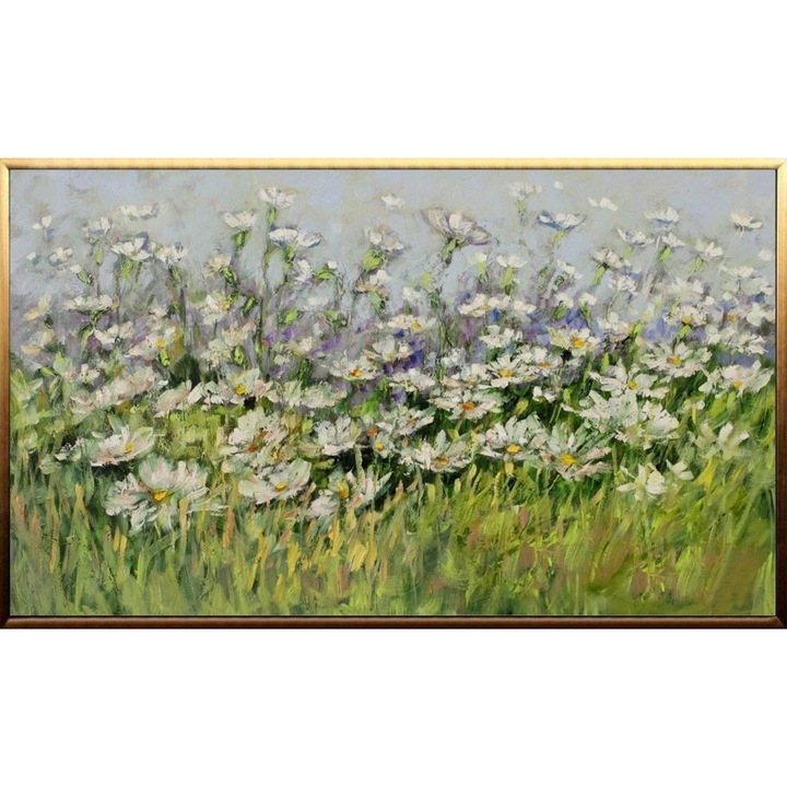 Tablou pictat manual ulei pe panza, tehnica texturata in cutit, Verde, Alb, Albastru, 110x80cm, Peisaj cu Flori de camp, Abstract modern