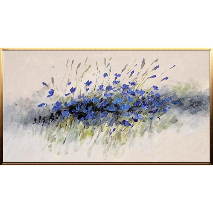 Tablou pictat manual ulei pe panza, tehnica texturata in cutit, Albastru, Vernil, Gri, 110x70cm, Peisaj cu Flori de camp, Albastrele, Abstract modern