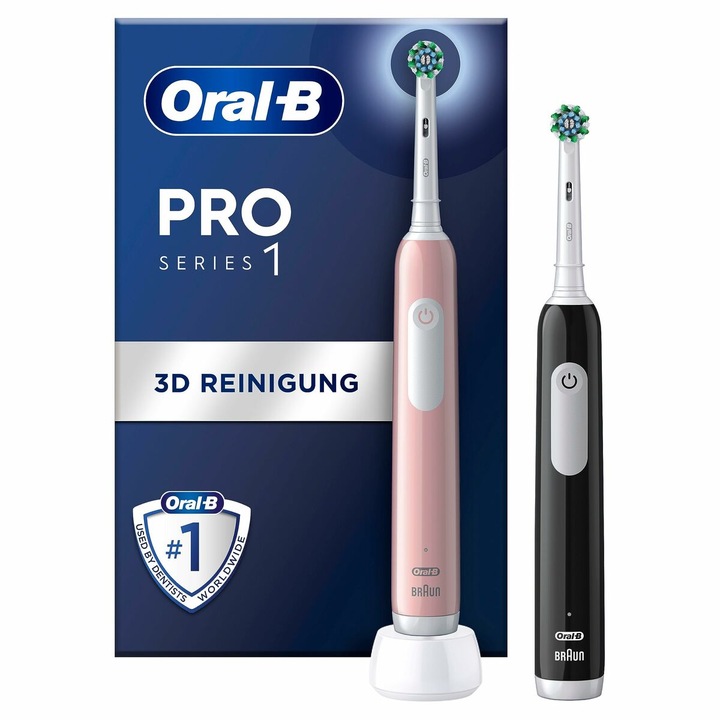 Комплект от 2 електрически четки за зъби, Oral-B, PRO1, черна/розова