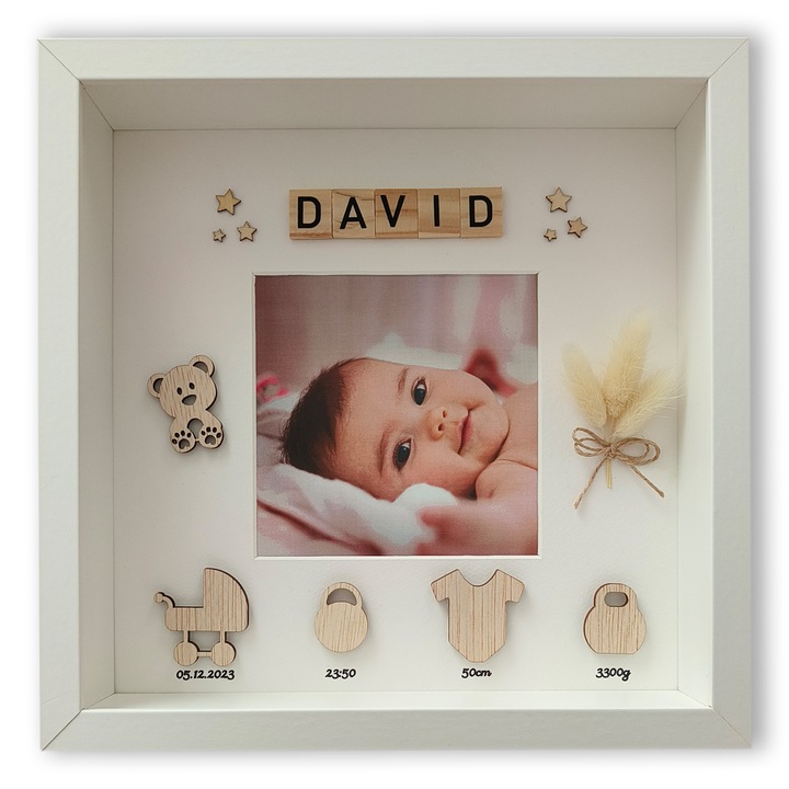 Tablou 3D pentru bebelus, cadou nou-nascut, rama alba 27x27cm