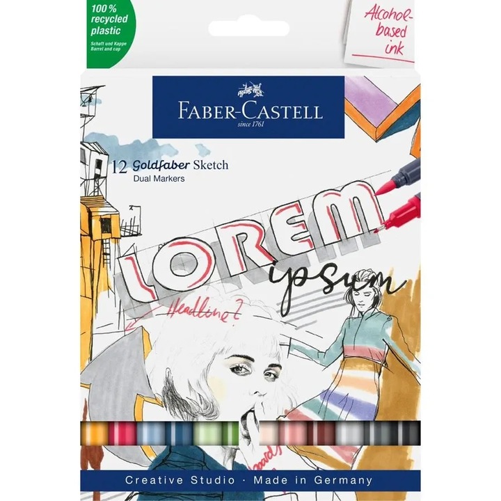 Комплект маркери Faber-Castell Goldfaber Sketch, двоен, 12 части, многоцветни