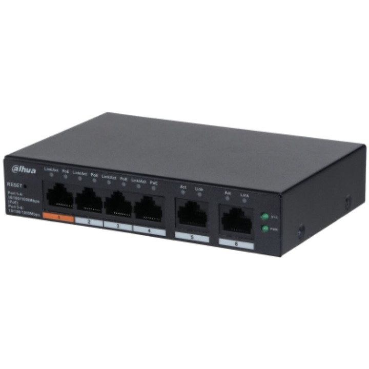 Dahua asztali kapcsoló, 6 porturi Gigabit, 4 porturi POE, CS4006-4GT-60, Port 1-4: 4 × RJ-45 10/100/1