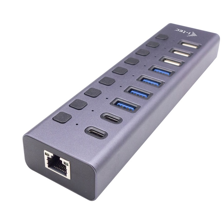 USB хъб, i-Tec, 9 порта, Ethernet LAN, сив