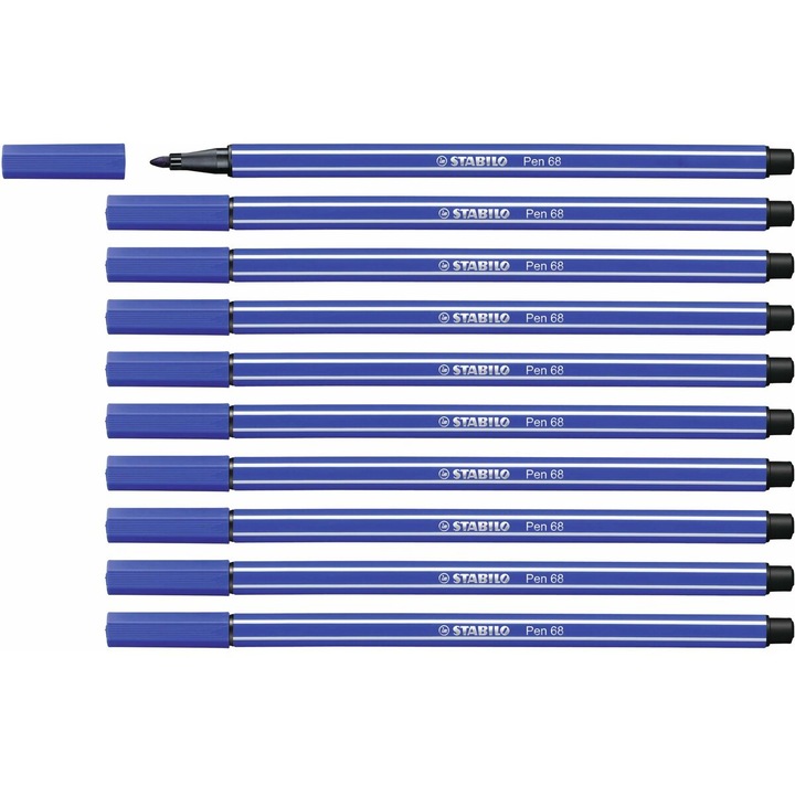 Set 10 markere Stabilo Pen 68, 1mm, bleumarin