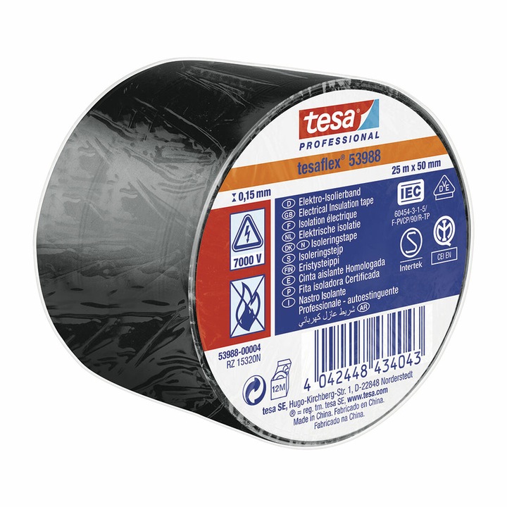 Изолационна лента, Tesa, PVC, Черна, 25м х 50мм
