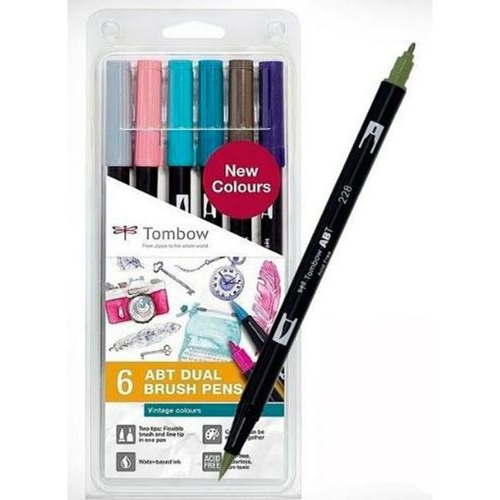 Комплект от 6 маркера Tombow ABT DUAL, фин връх, многоцветни