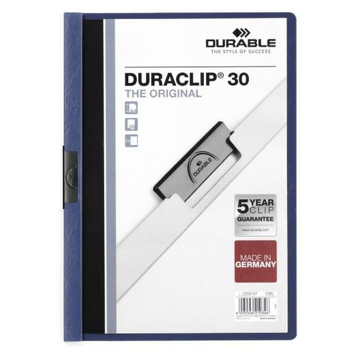 Mapa portofoliu, Durable Duraclip, capacitate 30 file, Albastru inchis, A4, set 25 bucati