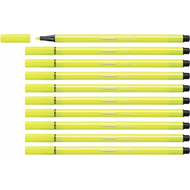 Set 10 markere Stabilo Pen 68, galben fluorescent, 1mm