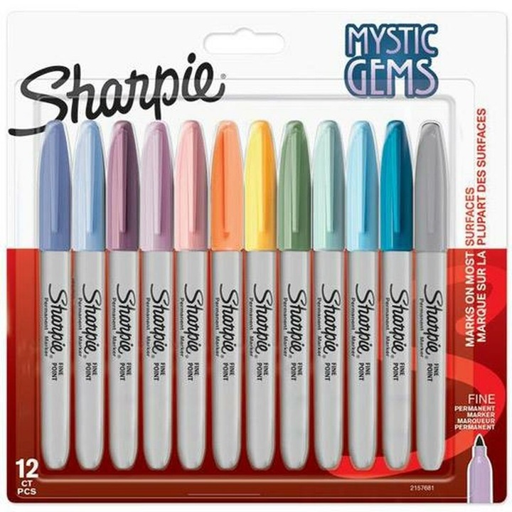 Комплект маркери SHARPIE Mystic Gems, фин връх, постоянни, 12 бр., пастел