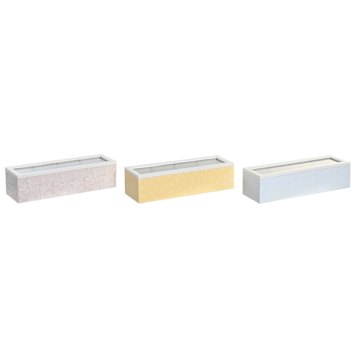 Set 3 Cutii DKD Home Decor, Cristal, Albastru/Roz, Lemn/MDF, 30x9x8cm