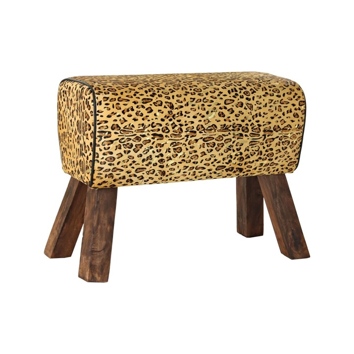 Taburet DKD Home Decor, lemn, piele, design leopard, maro si negru, 67x30x51cm