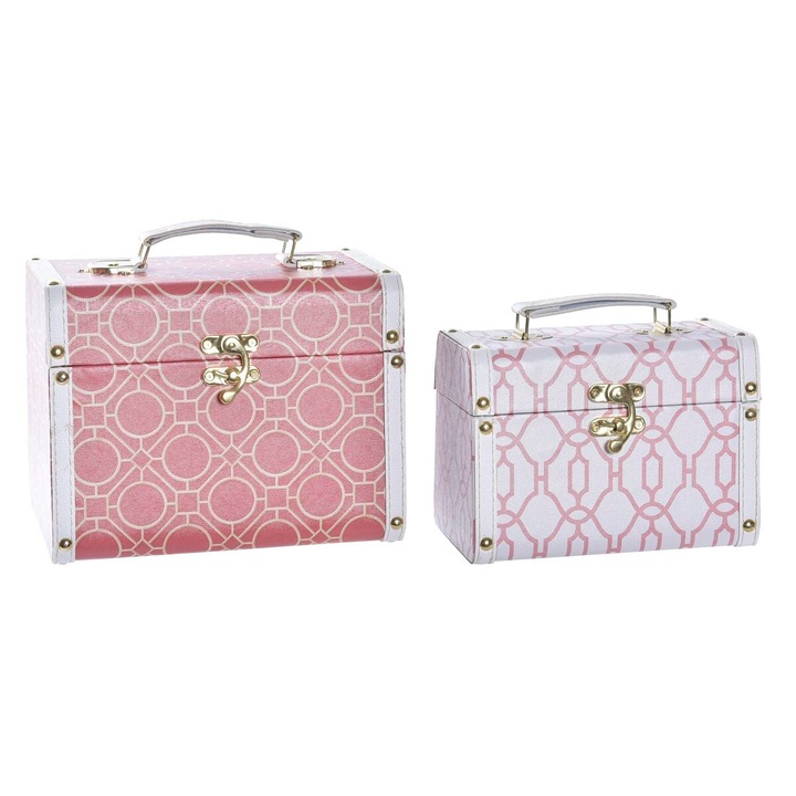 Set 2 cutii de depozitare, DKD Home Decor, Lemn, Roz/Alb, 24x18x19 cm