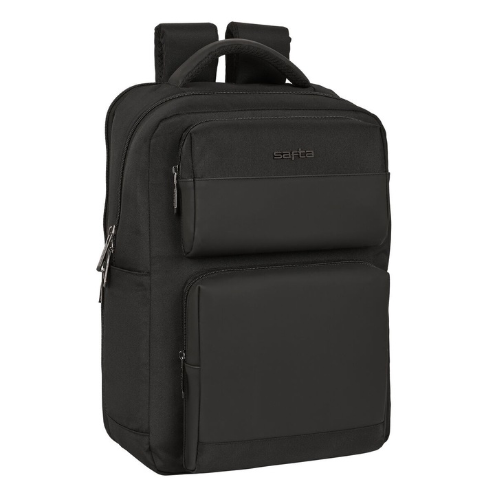 Laptop hátizsák, Safta, Nylon/Ökológiai bőr, 15,6", 31 x 44 x 13 cm, Fekete