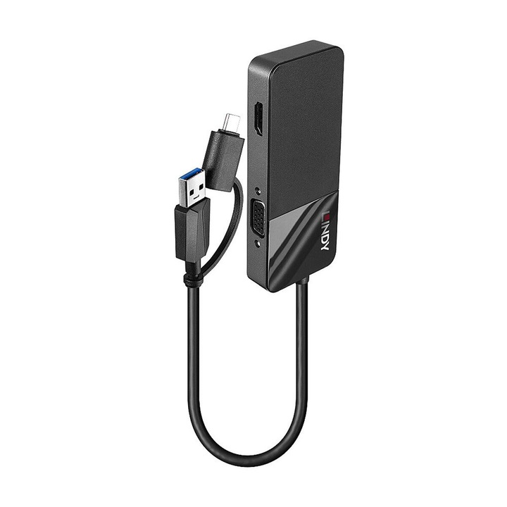 Lindy 43354 USB хъб, 2 порта, HDMI/VGA/USB-C, черен, 100см