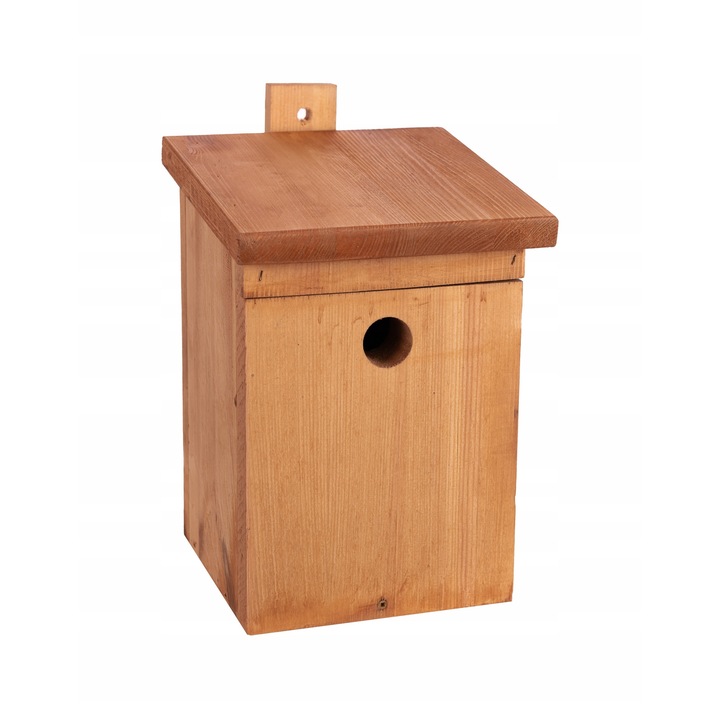 Cusca pentru pasari mici Koniuszek Ogrody, model A, lemn de pin, acoperis extins, natur