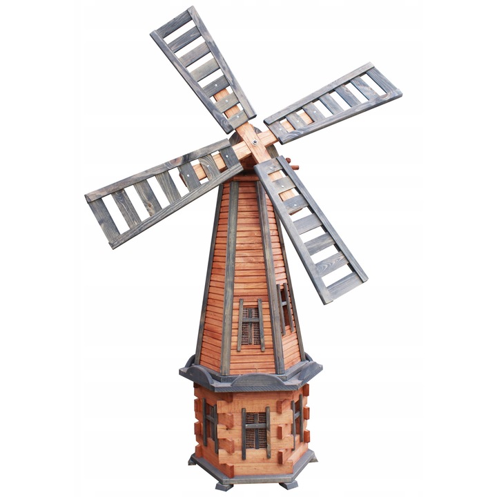 Moara de vant decorativa de gradina cu iluminare LED, Koniuszek Ogrody, 170cm, lemn, antracit/maro
