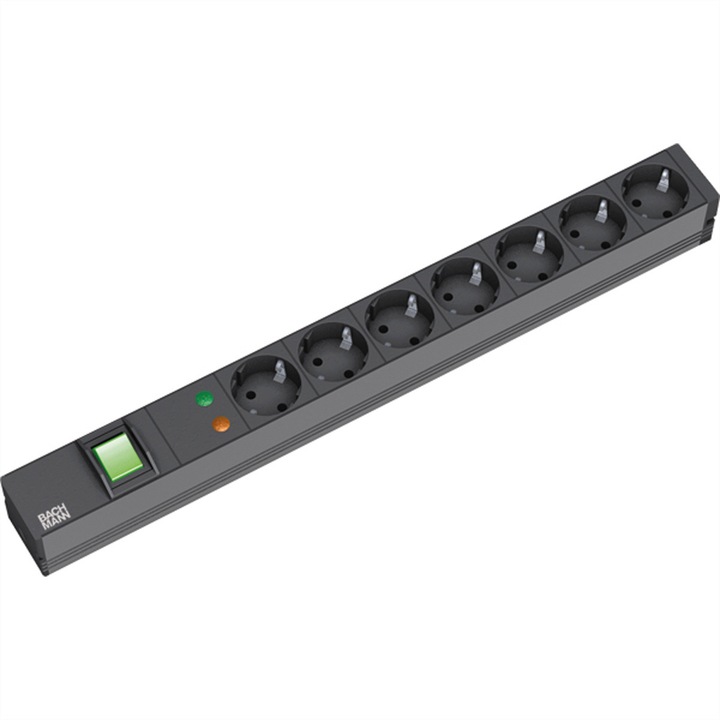 Разклонител, BACHMANN, 7 гнезда, защита от пренапрежение, ключ, черен