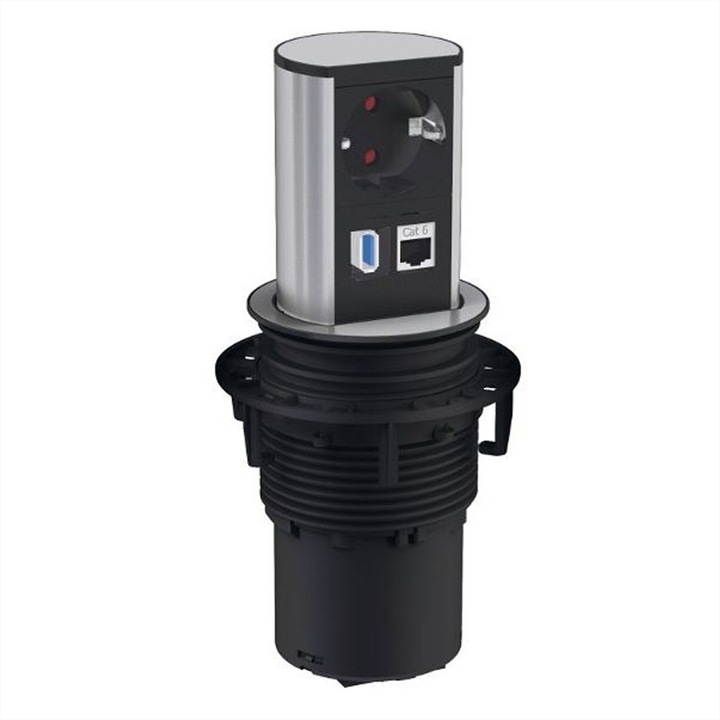 Priza cu impamantare, Bachmann, 1x CAT6, 1x USB 3.0, Inox, Negru/Argintiu