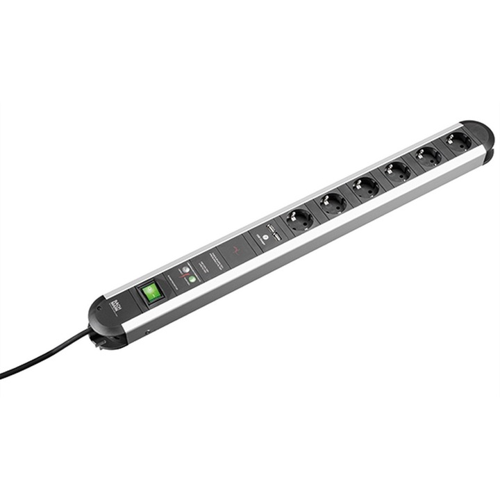 Разклонител с превключвател Primo, Bachmann, 6.5 kA, 2 x USB, 6 гнезда, 16 A, 3680 W, 1.75 m, Черен