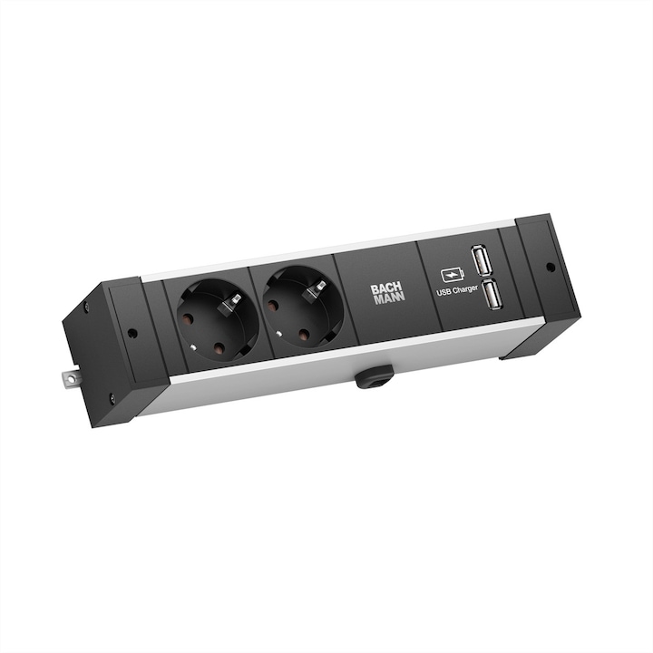 Два контакта със заземяване, Bachmann, 1x USB зарядно, Черен/Сив